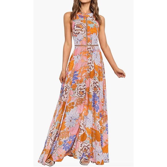 Dresses & Skirts - Boho Tangerine Floral Printed Halter Neck Cut Out Flowy Long A-Line Maxi Dress